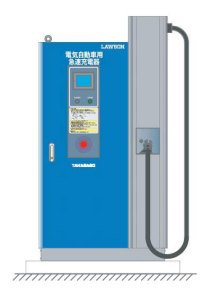 ローソンがローソン大井店に設置した高砂製作所製電気自動車用急速充電スタンドのイラスト